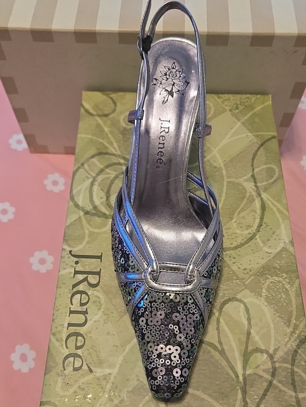 J.Renee Silver Sequin Pointed Slingback Heels